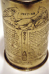 SHELL IN FLANDERS' FIELDS, with J.McCrae's poem on left, American Answer&nbsp; by H. Negley on right. Huge American Eagle on top 1917-1918