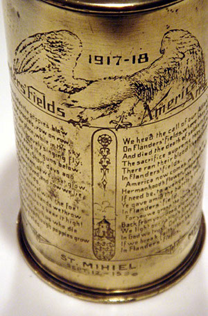 SHELL IN FLANDERS' FIELDS, with J.McCrae's poem on left, American Answer&nbsp; by H. Negley on right. Huge American Eagle on top 1917-1918