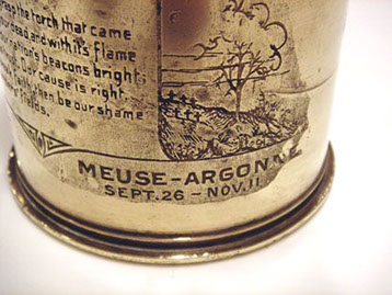 Shell IN FLANDERS' FIELDS with view of a cemetery,engraved at right of Negley's poem. Below: MEUSE-ARGONNE Sept. 26-Nov.11