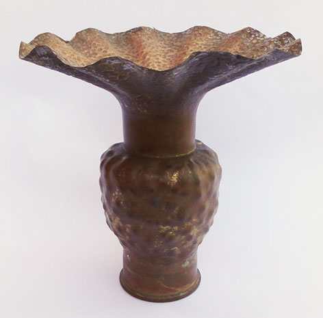 6 Pdr marked WNY [Washington Naval Yard] 1904 with a bulbous dappled body and a very flared top. Early Dirk Van Erp work.