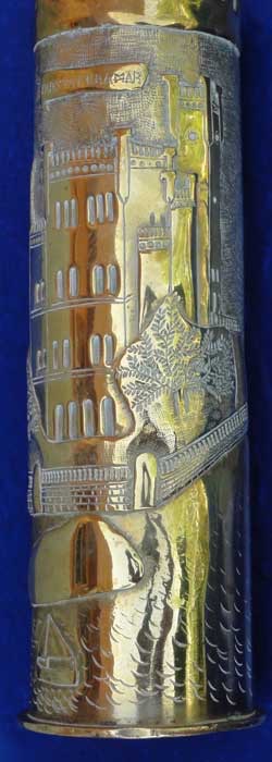 Shell Castle MIramare in Trieste. Top cut out crenelated, golden varnish. Post WWI