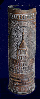 Shell Ypres Cloth Hall center part of the building engraved 1914 Les Halles d'Ypres