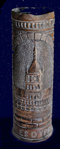 Shell Ypres Cloth Hall center part of the building engraved 1914 Les Halles d'Ypres