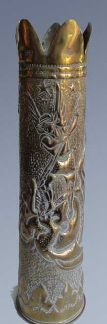 Shell Archangel Michael killing dragon. Top crenelated, three stars in the background.