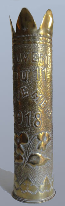 Shell Archangel Michael fends off a coiled dragon, symbol of evil. Embossed with souvenir du 11 Novembre&nbsp; 1918