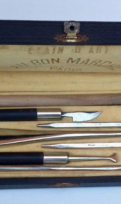 Tool box for amateur craftman, ciseller, engraver with hammer, and various punches , from store AU BON MARCHE, Paris, early XXth century.