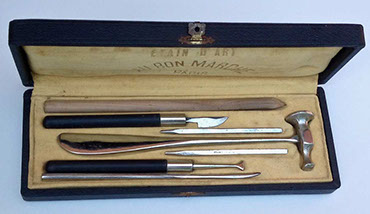 Tool box for amateur craftman, ciseller, engraver with hammer, and various punches , from store AU BON MARCHE, Paris, early XXth century.