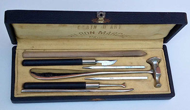 Tool box for amateur craftman, ciseller, engraver with hammer, and various punches , from store AU BON MARCHE, Paris, early XXth century.