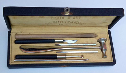 Tool box for amateur craftman, ciseller, engraver with hammer, and various punches , from store AU BON MARCHE, Paris, early XXth century.