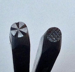 Details of punches tips from "l'Artisan Pratique" One embosses a circle with five slices, the other a diamond pattern.