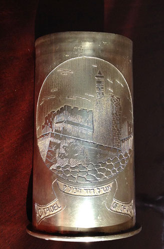 German shell marked RhMF decorated by BEZALEL student Raphael A. Shalem with Tower of David. Similar to the one at JDC Archives