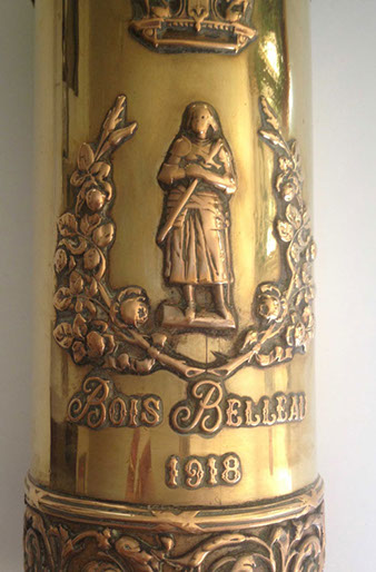 Shlee Bois Belleau [ Belleau Woods ].Two bands of soldiered foliage, one garlard around statue of Joan of Arc, 1918