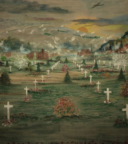 Painting from the fifties depicting a WWI cemetery: White crosses, ruined building, exlosions, as WWII bombers fly over a hilly landscape.