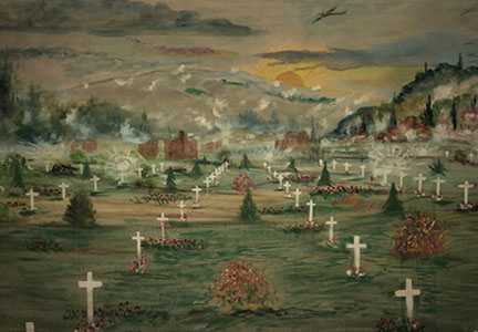 Painting from the fifties depicting a WWI cemetery: White crosses, ruined building, exlosions, as WWII bombers fly over a hilly landscape.