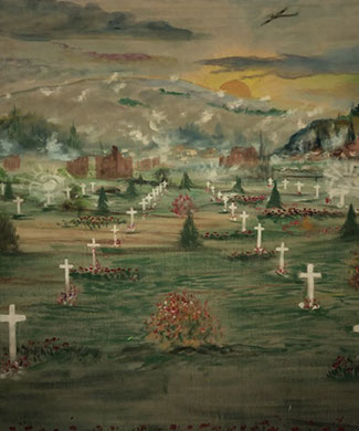 Painting from the fifties depicting a WWI cemetery: White crosses, ruined building, exlosions, as WWII bombers fly over a hilly landscape.