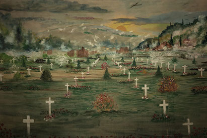 Painting from the fifties depicting a WWI cemetery: White crosses, ruined building, exlosions, as WWII bombers fly over a hilly landscape.