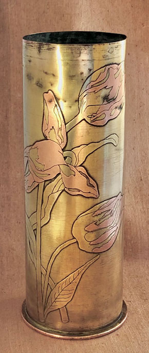 Shell with tulips. The petals are enhanced with copper.