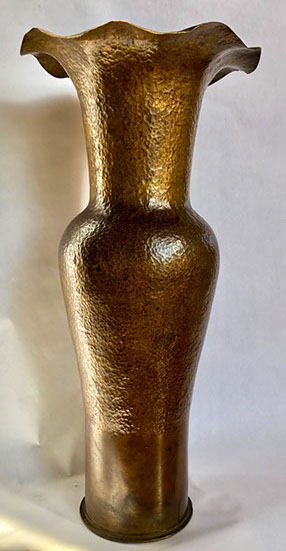 Tall shell marked Washington Naval Yard 1907, hammered into a vase by Arts & Crafts Movement artist near San Francisco.