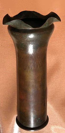 6 Pdr with a slightly bulbous top&nbsp; pinched and crowned by a flowing edge. Early Dirk Van Erp work.