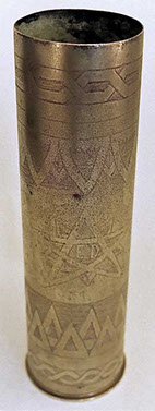 Engraved with geometrical patterns. Initials ED in a ten-pointed star. Upper decorative band, zig-zag work.