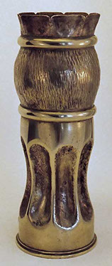 Shell bulbous with two rims, a top crenelated and a fluted base